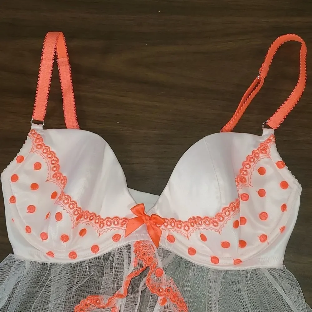 Victoria’s Secret Neon‎ Orange Pink Polka Dot Baby Doll Lingerie 34D Underwire